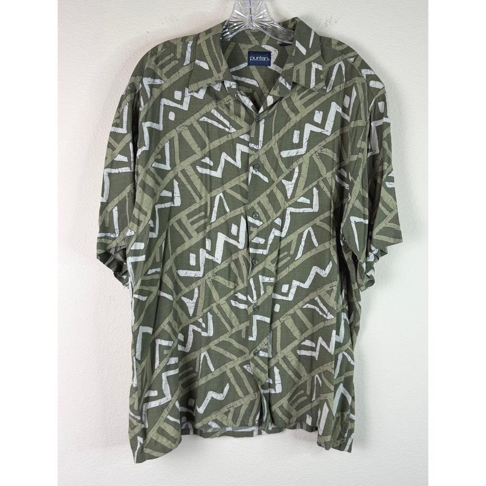 Puritan Shirt Mens XL Green Geometric Tribal Short Sleeve Button Down Casual